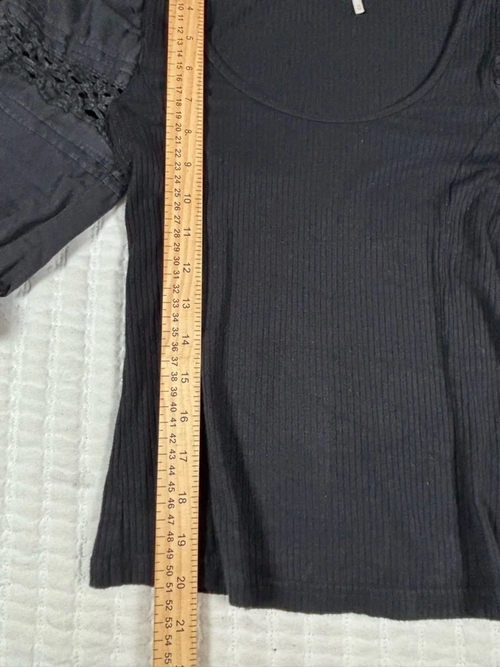 Free People Black Ribbed Puff Sleeve Crochet Detail Top XS Boho‎ Cottagecore